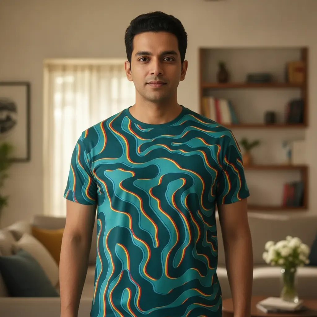 ORIGIN TEXTILES Men's Abstract Wave Print Round Neck T-Shirt - Teal