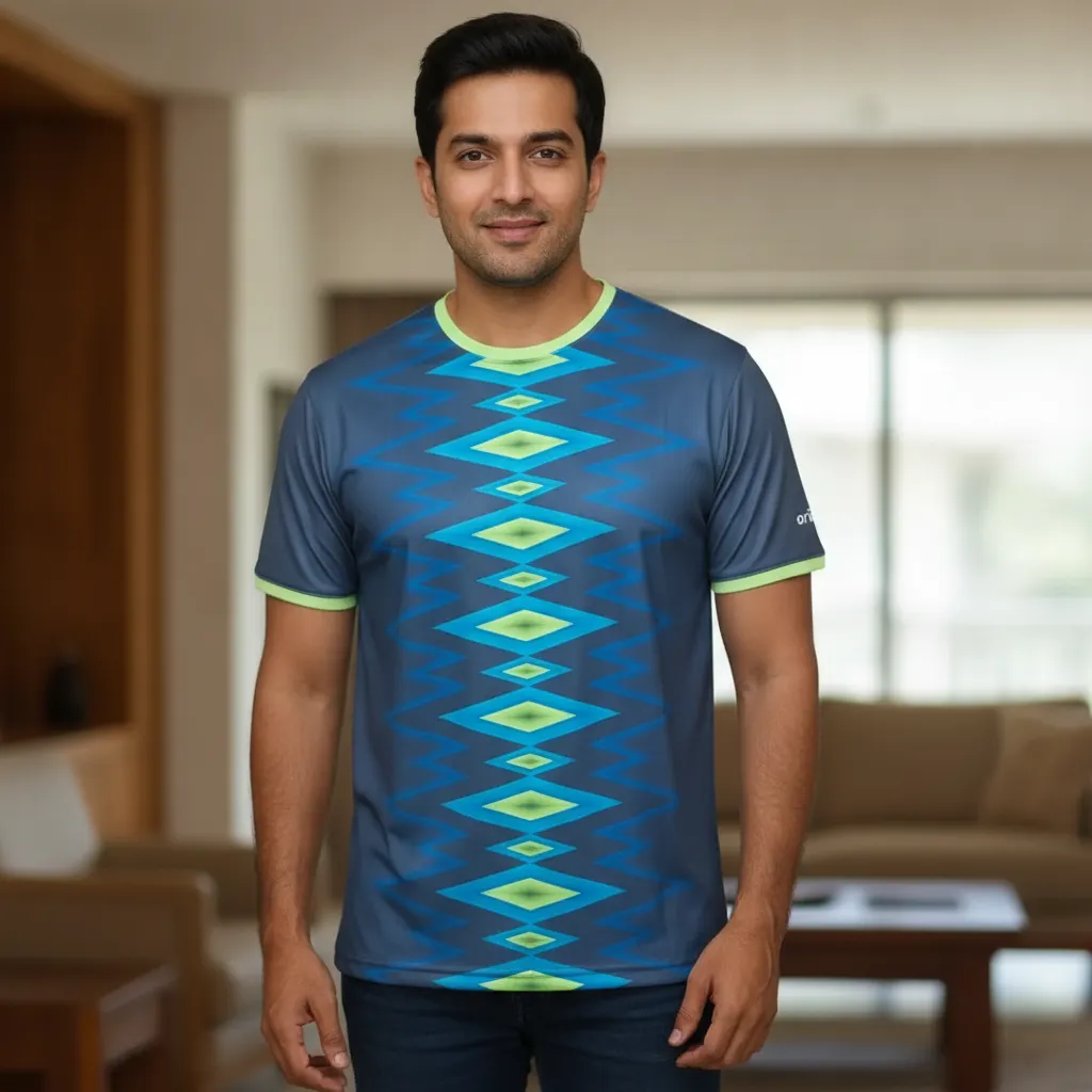ORIGIN TEXTILES Men's South Indian Geometric Print T-Shirt - Blue & Green