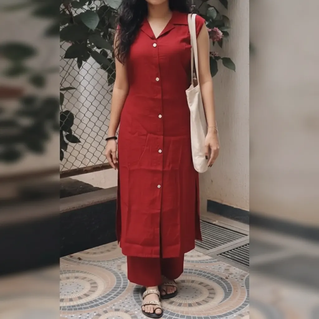 Kowsalya Women's Red Regular Fit Collared Straight Kurti with Trousers - South Indian Style