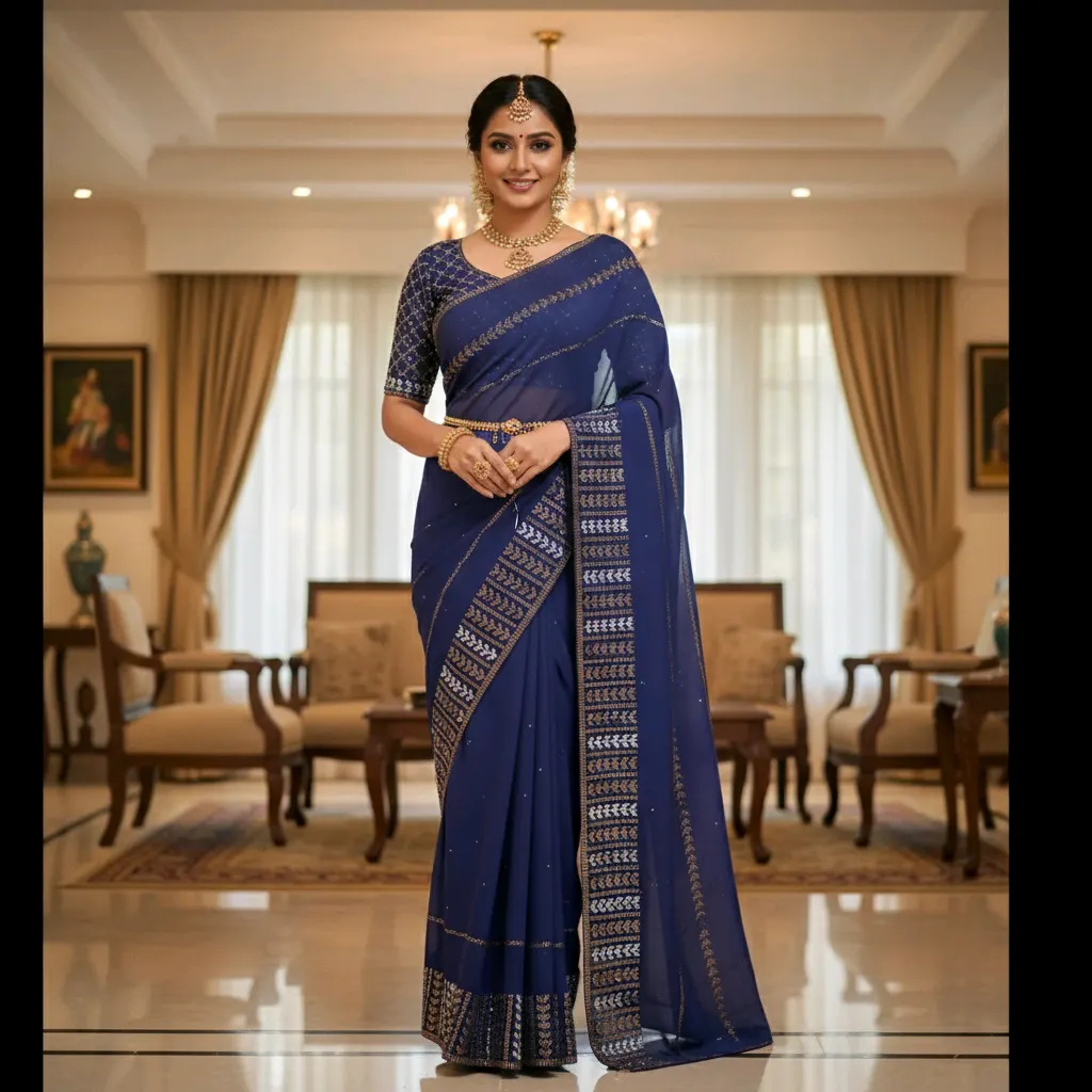 Elegant Navy Blue Chiffon Saree with Embroidered Detailing