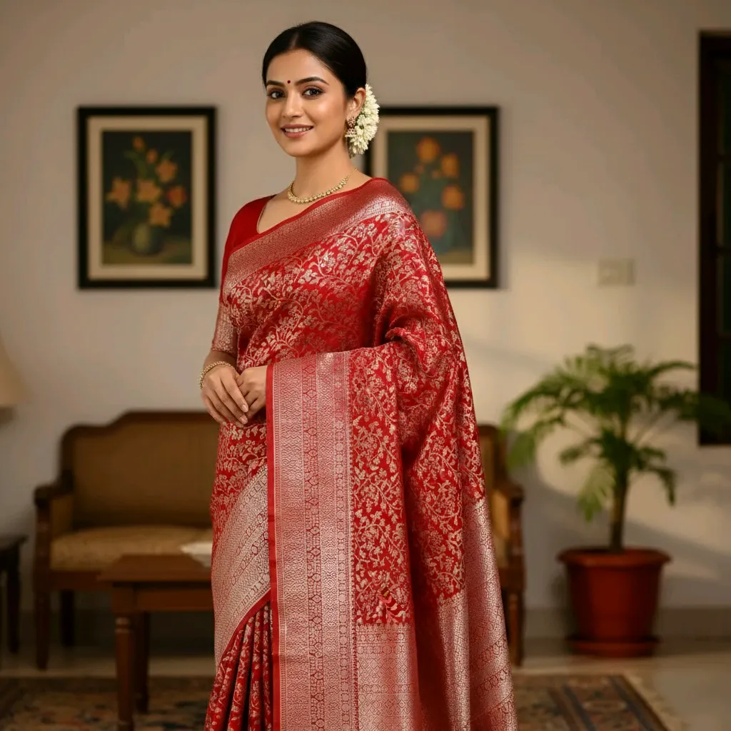 Exquisite Red Silk Saree with Silver Zari Work | Iqrafashion