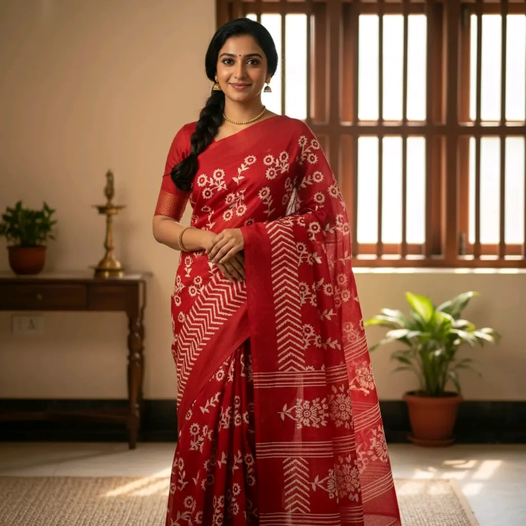 Elegant Red Cotton Saree with Floral Print - Iqrafashion