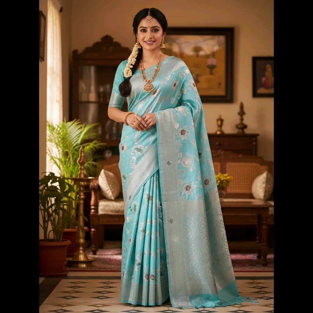 Exquisite Sky Blue Silk Saree - Iqrafashion