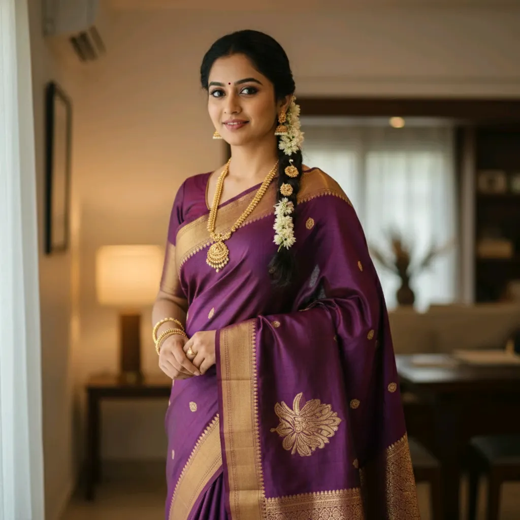 Elegant Purple Tussar Silk Saree with Gold Border - Iqrafashion