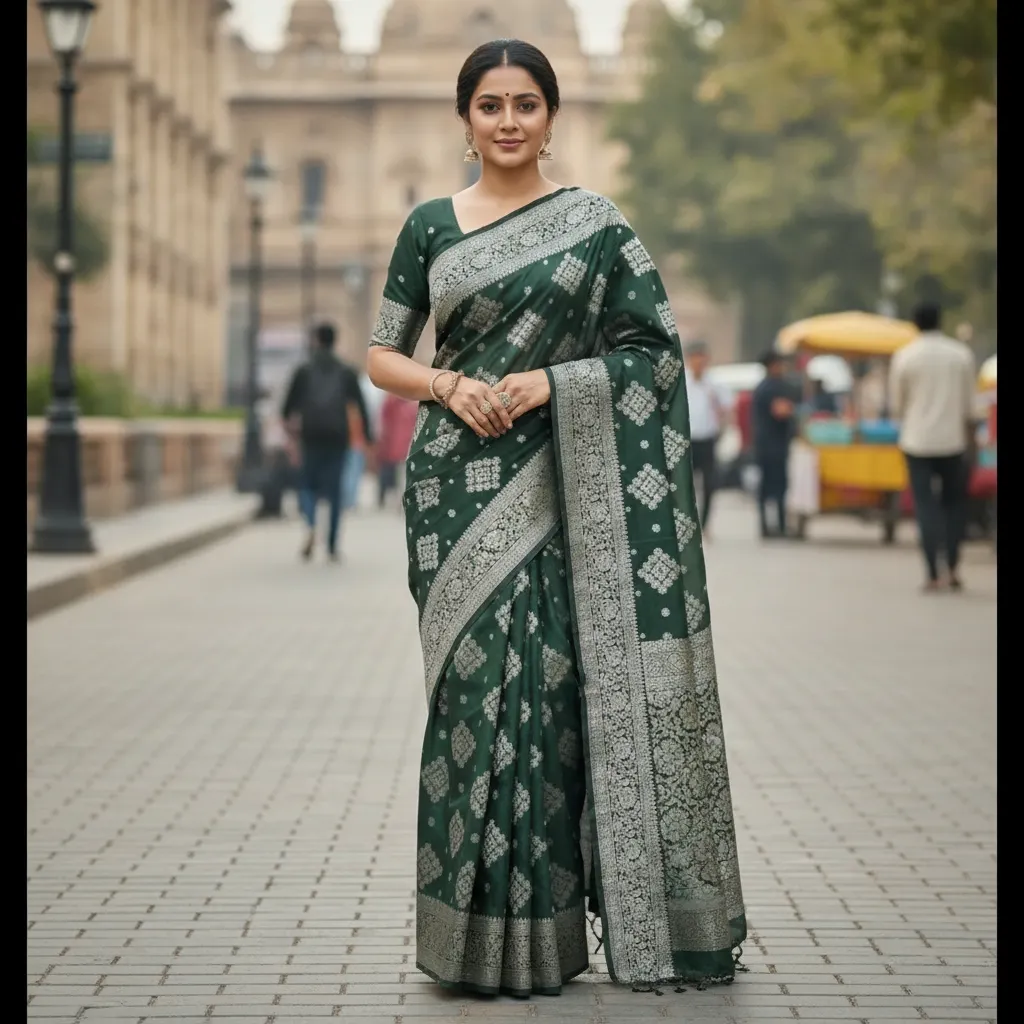 Nayab North Indian Silk Saree - Emerald Green with Silver Zari Weave