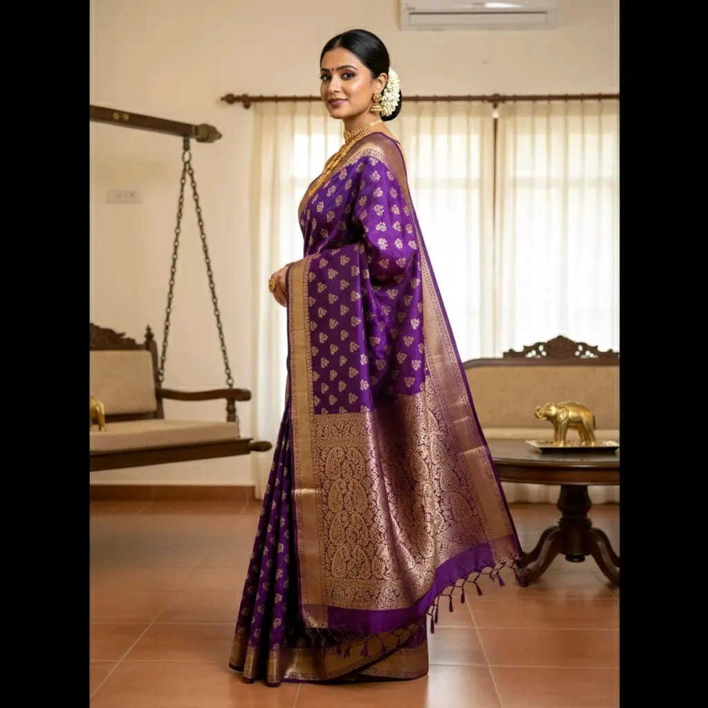 Exquisite Purple Silk Saree with Woven Zari Border | Thiyaazh Aadai