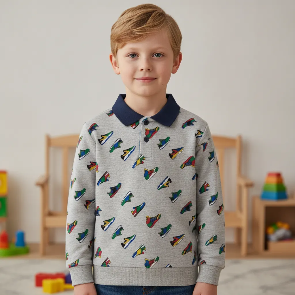 Jovan Fashions UK Boys' Full Sleeve Polo T-Shirt - Grey with Sneaker Print