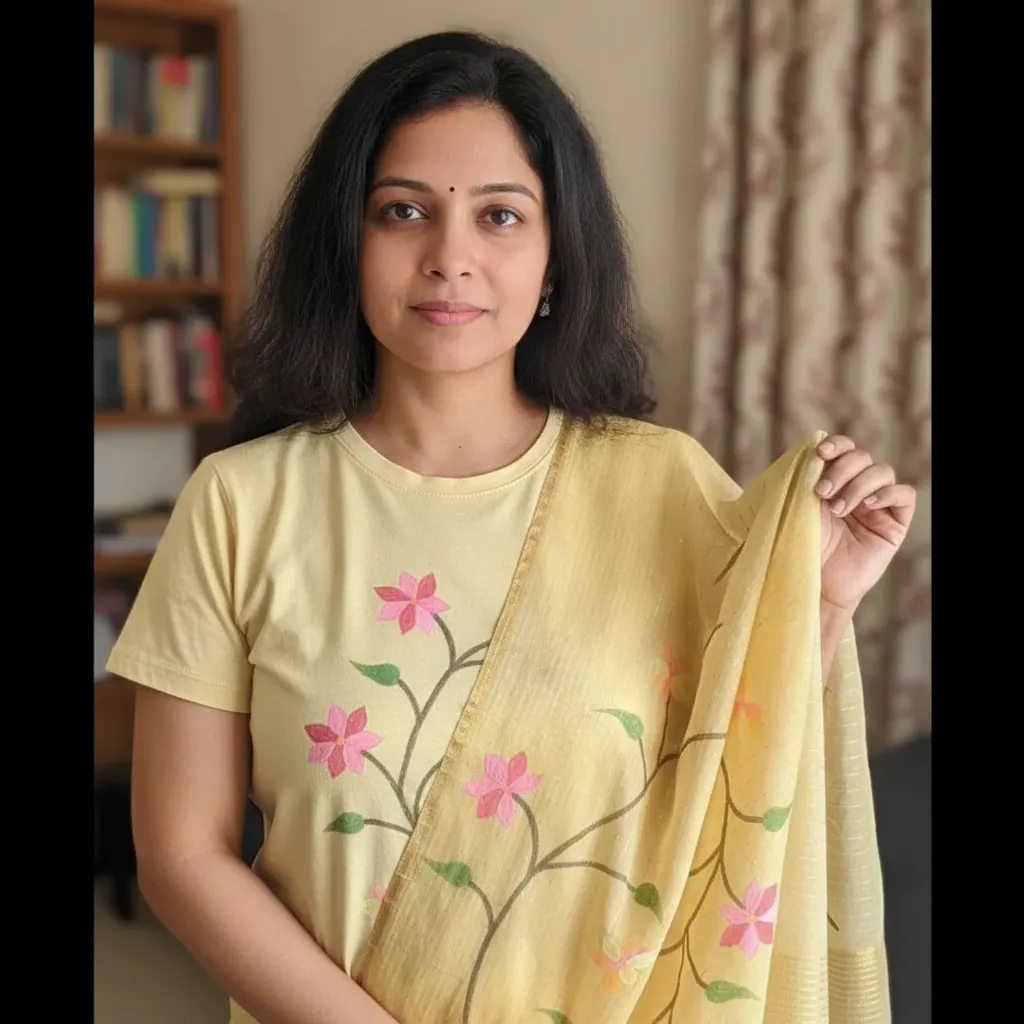 East Indian Woman's Hand-Painted Floral T-Shirt & Saree Pallu