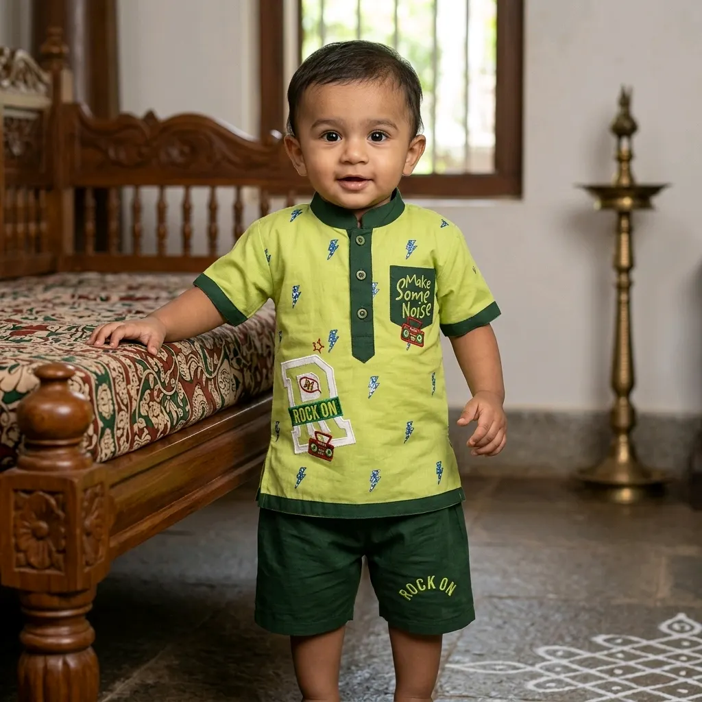 Anisgreen/Forestgreen Cotton Kurta Short Set for Baby Boys - Rock On
