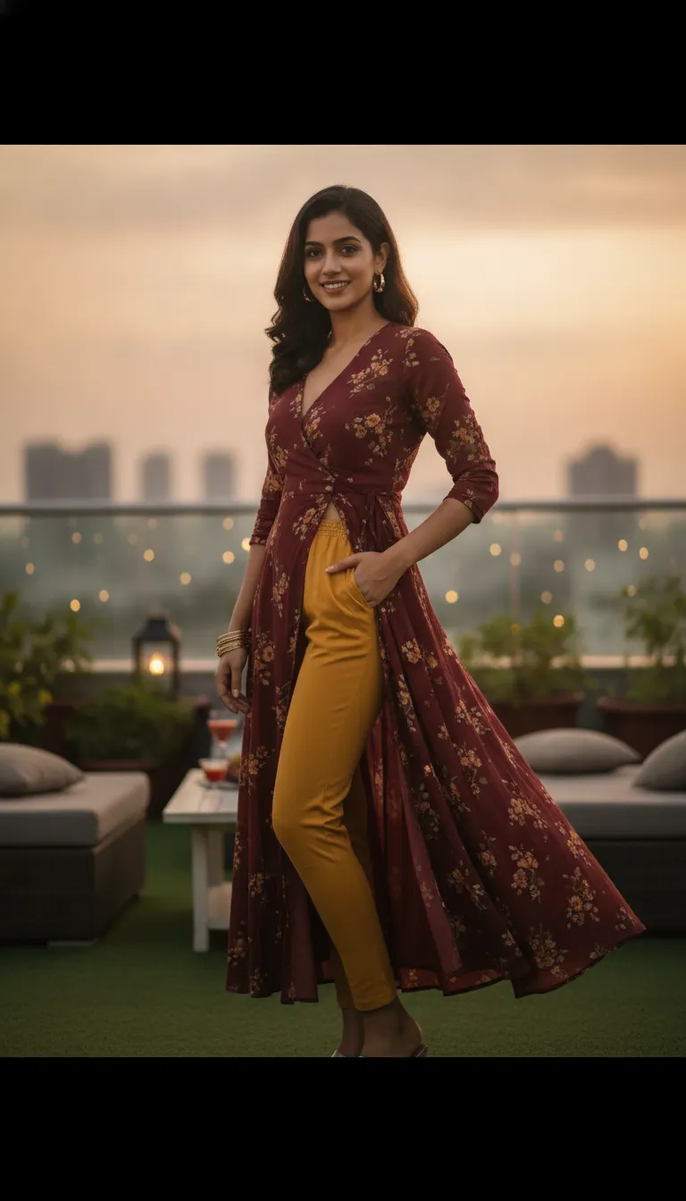 Stylish Mustard Pants with Floral Wrap Dress - Rooftop Lounge Fashion