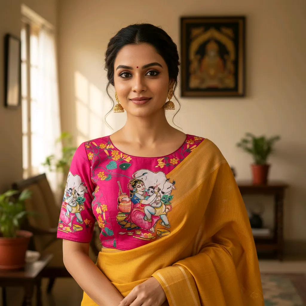 Mustard Yellow Cotton Saree with Hand Painted Blouse