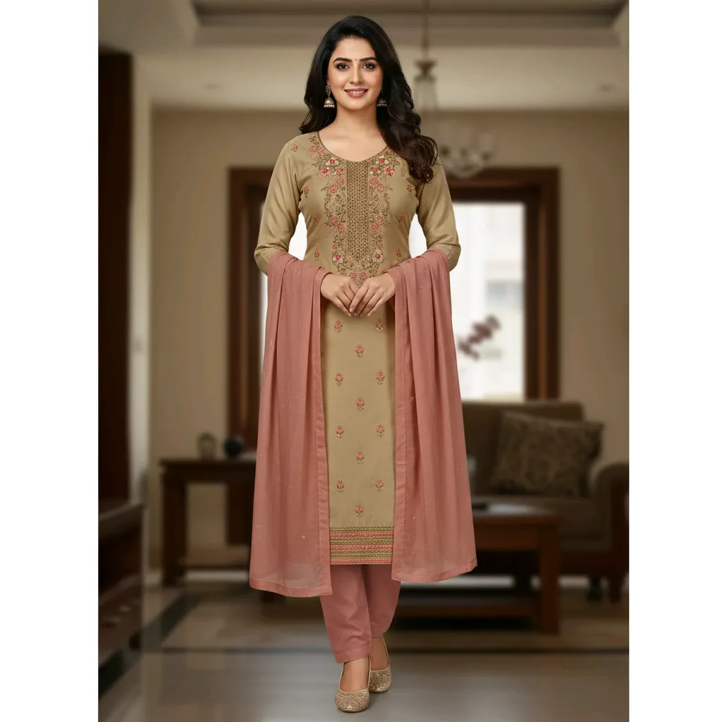 Elegant Beige Embroidered Chanderi Silk Chudidhar Set with Pink Dupatta