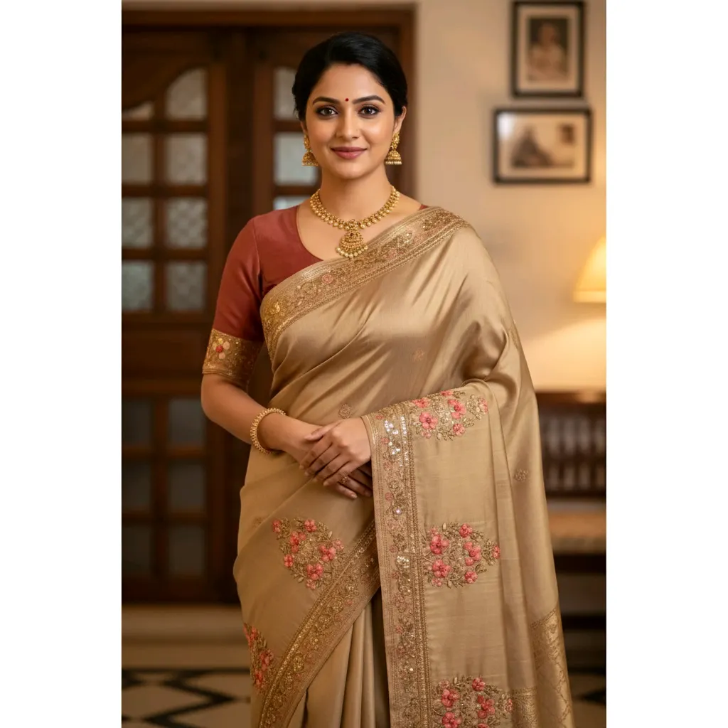 Elegant South Indian Silk Saree with Intricate Floral Embroidery