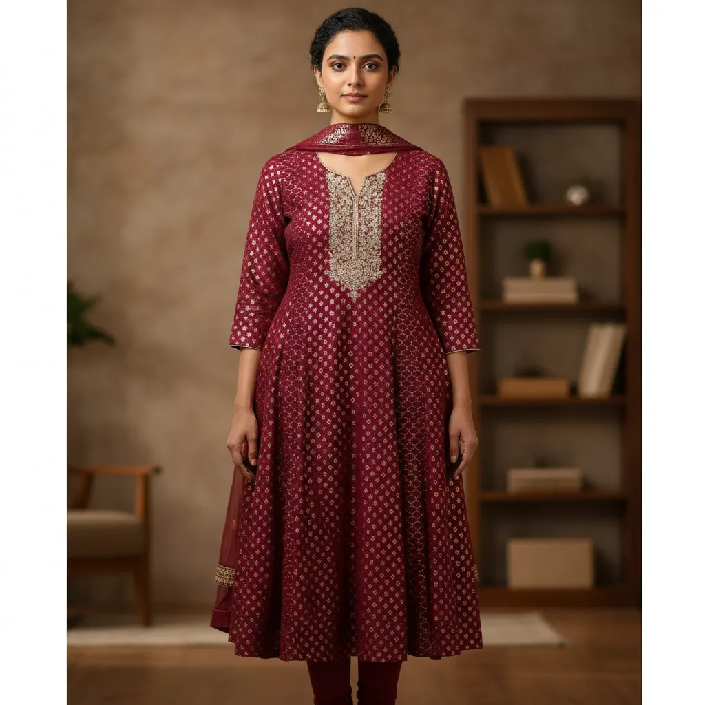 Maroon Gold Print Anarkali Kurta Set with Dupatta | Snazzy Boutique
