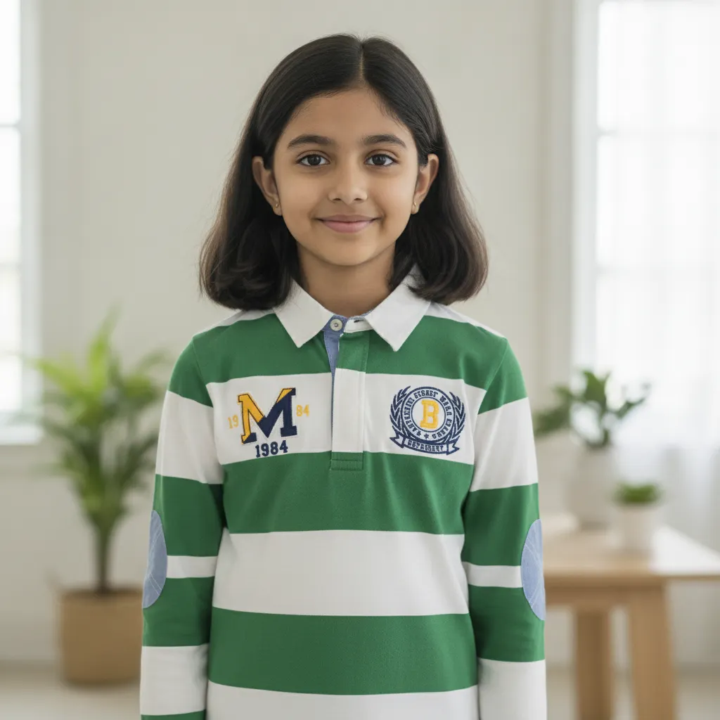 Tradetech Girls' 9-Year-Old Regular Fit 3/4 Sleeve Henley T-Shirt - Green and White Stripe with Rugby Print