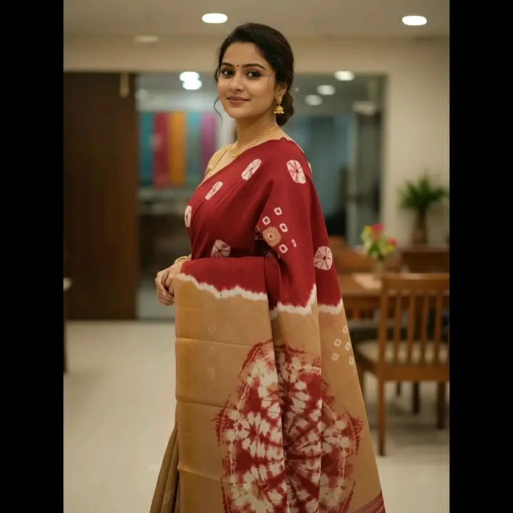 Maroon and Beige Bandhani Saree - Handcrafted Indian Ethnic Wear