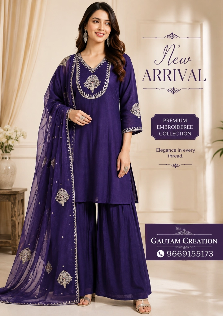 Elegant Deep Purple Embroidered Kurta Set with Palazzo Pants