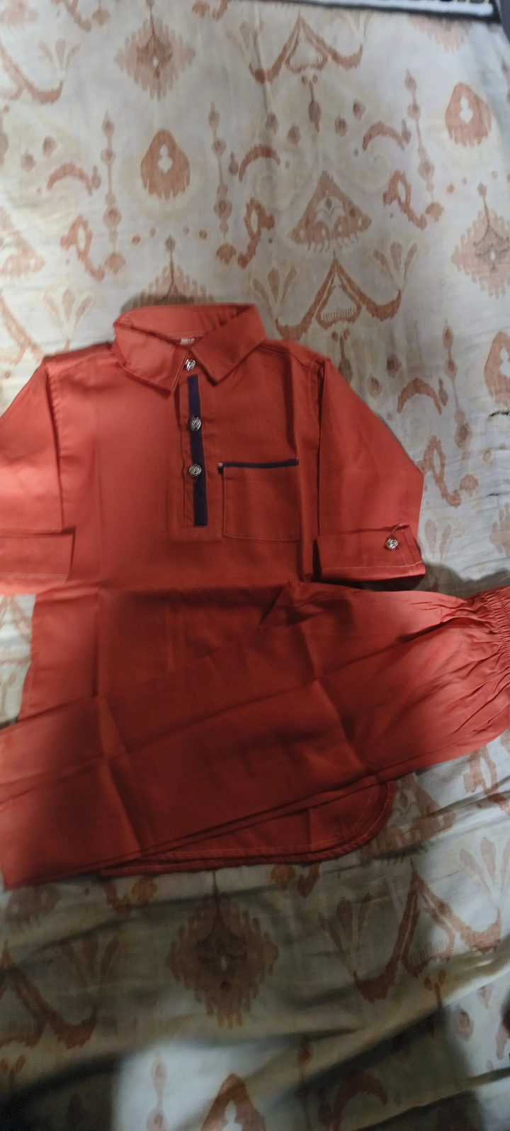 Vibrant Orange Full Sleeve Long Kurta with Navy Blue Accents