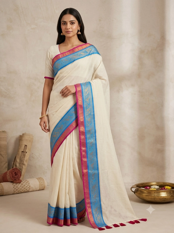 Cream Cotton Saree with Blue and Pink Border