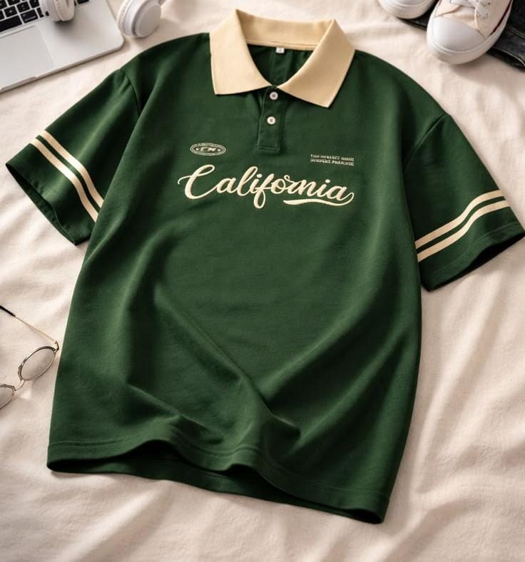 Men's Green Half Sleeve Collared T-Shirt with "California" Print