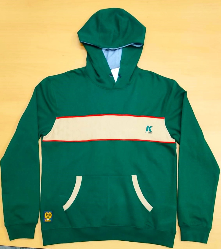 Men's Green Hoodie with Cream and Red Stripe Accent