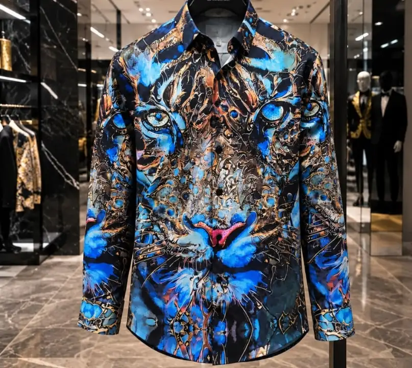 Men's Bold Blue Tiger Print Party Wear Long Sleeve Shirt