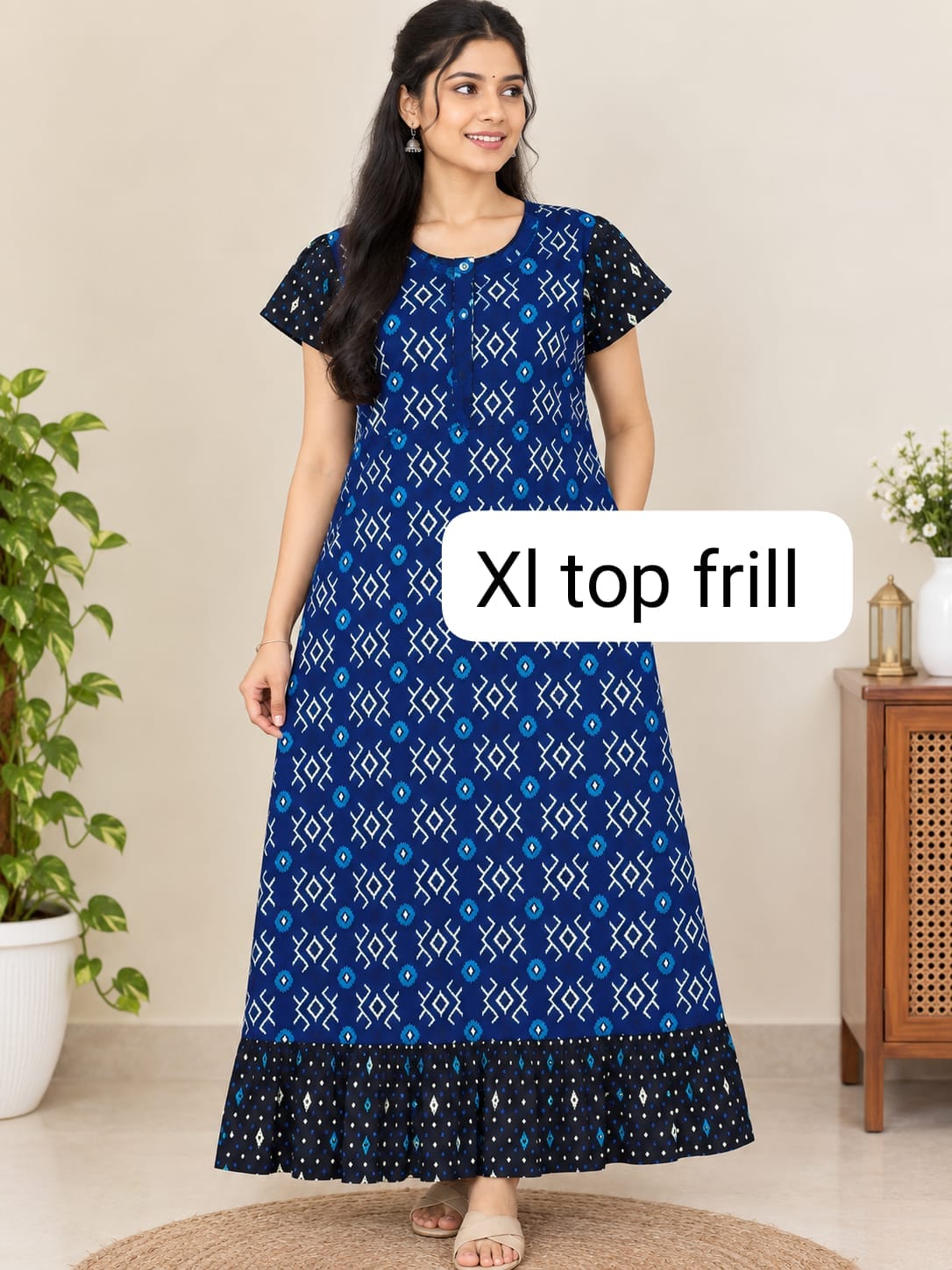 Blue Geometric Print Umbrella Nighty with Half Sleeves and Frill Hem