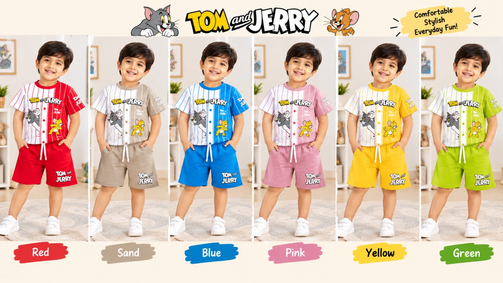 Boys' Tom and Jerry Round Neck Half Sleeve T-Shirt and Shorts Set