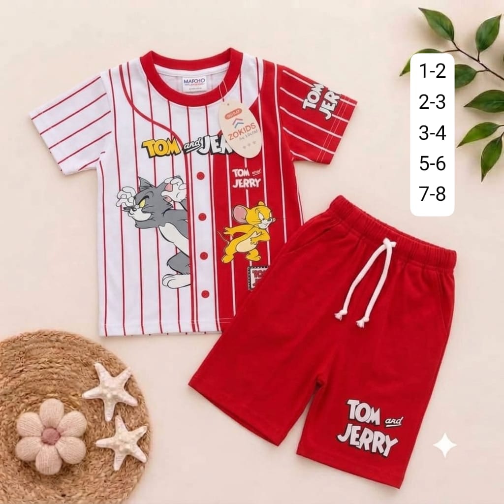 Boys Tom and Jerry Red & White Striped Baseball T-Shirt and Shorts Set