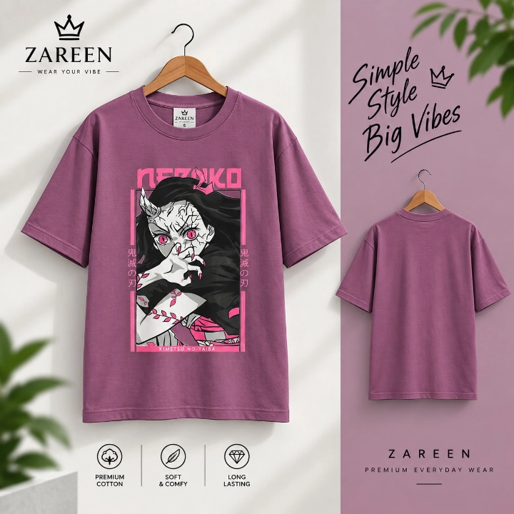 Zareen Women's Purple Round Neck Half Sleeve T-Shirt with Nezuko Graphic Print