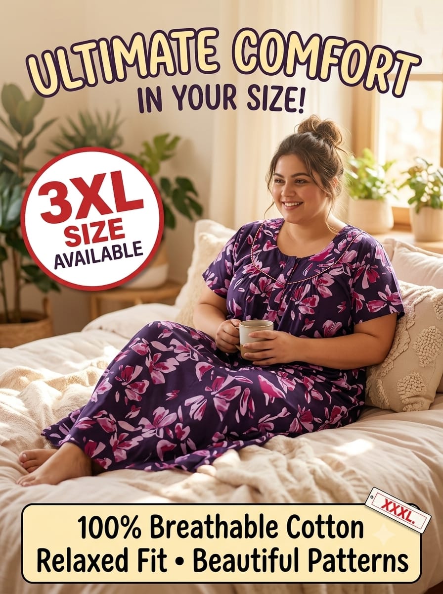 MYKreationz Women's Purple Floral Print Half Sleeve Cotton Nighty - XXXL Size Available