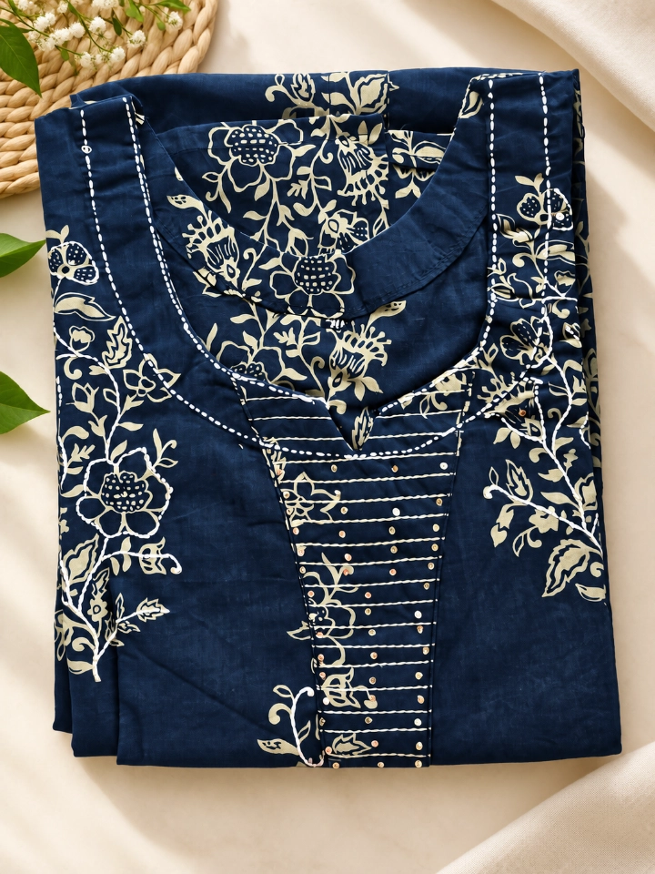 Elegant Navy Blue Floral Print Straight Kurti for Women