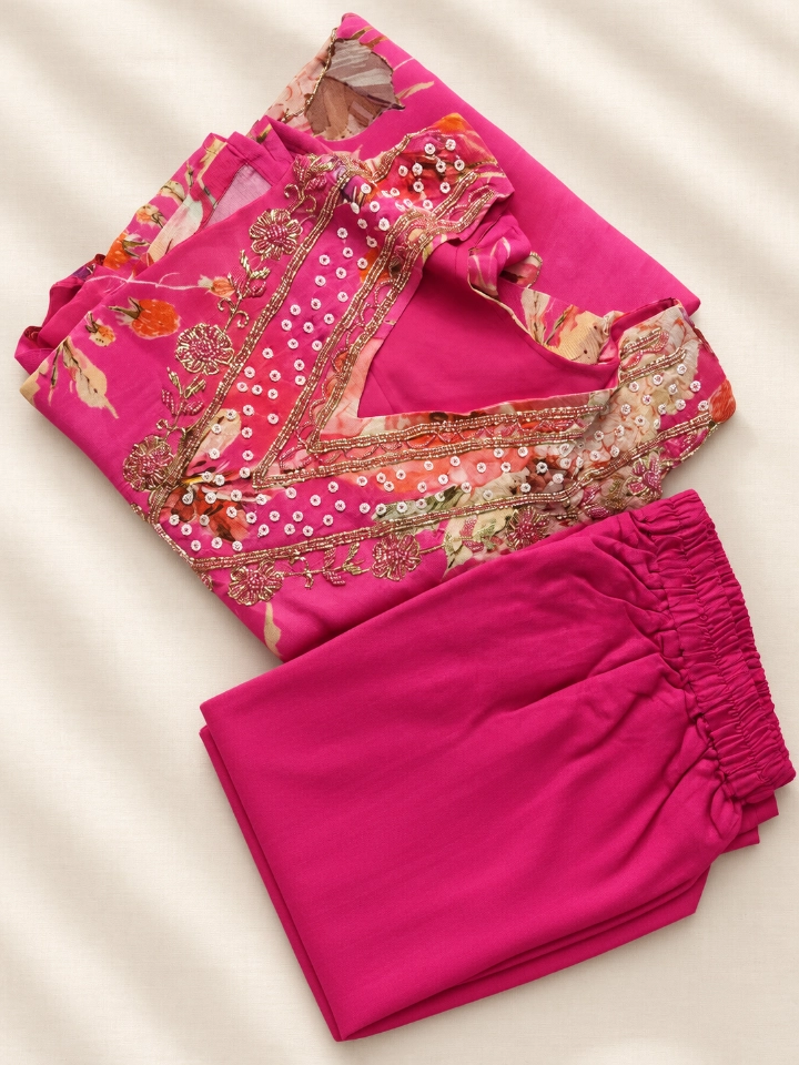 HLDESIGNS Women's Fuchsia Floral Print Embellished Top and Pants Set