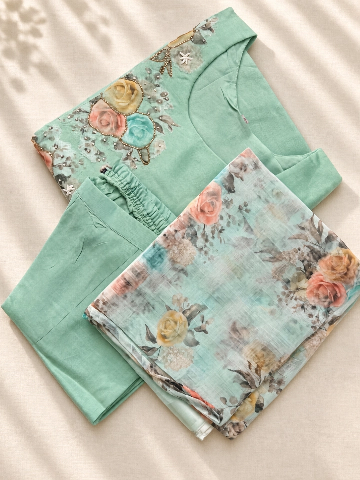 Mint Green Floral Embroidered Top with Matching Bottoms