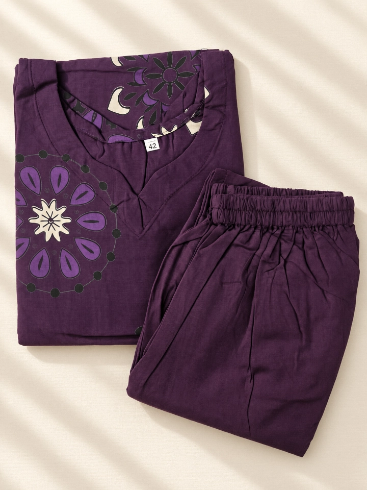 HLDESIGNS Women's Purple Floral Print Cotton Night Suit Set