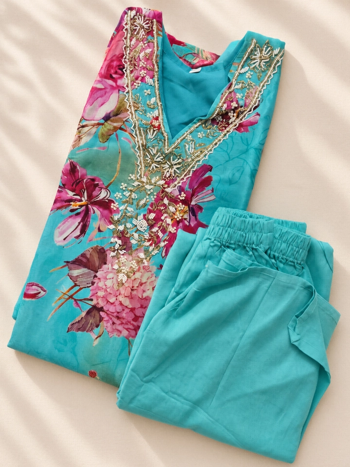 HLDESIGNS Women's Teal Floral Print Kurta with Beaded Neckline and Matching Pants Set