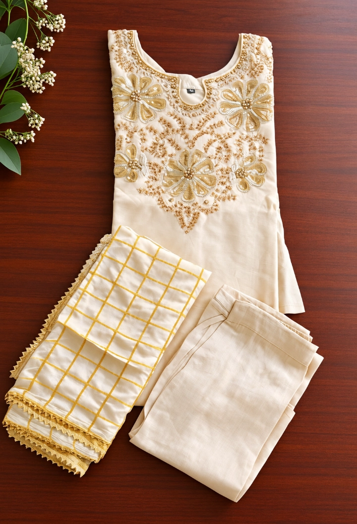 Cream A-Line Chudidar Set with Intricate Gold Embellishments and Yellow Checkered Dupatta