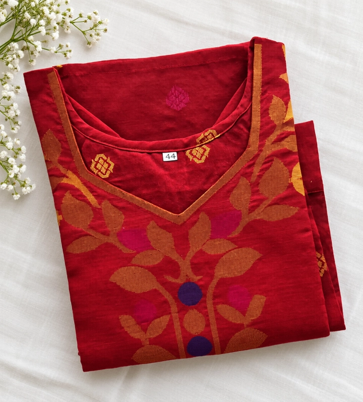 HLDESIGNS Women's Red A-Line Kurti with Floral Motifs