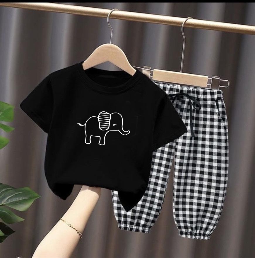 Baby Black T-Shirt and CHECKED Pants Set with Elephant Print100% cotton, 180 GSM biowashed fabric for a soft, smooth feel that is gentle and non-irritating on children’s skin.