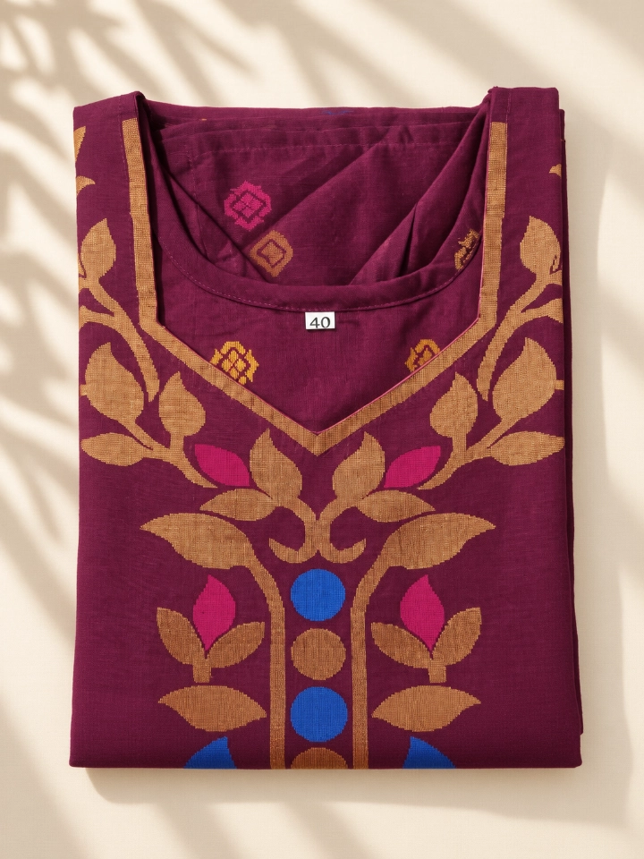 Elegant Plum Straight Kurti with Golden Floral Embroidery