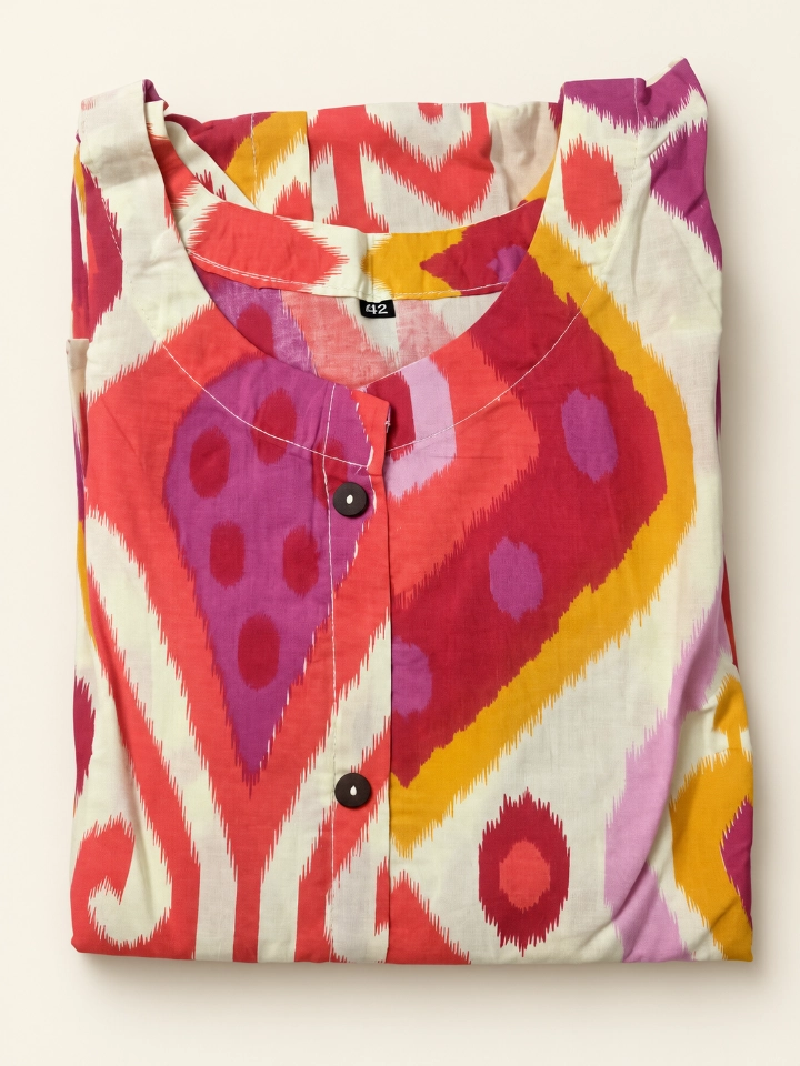 HLDESIGNS Women's Pink & Yellow Ikat Print Straight Kurti