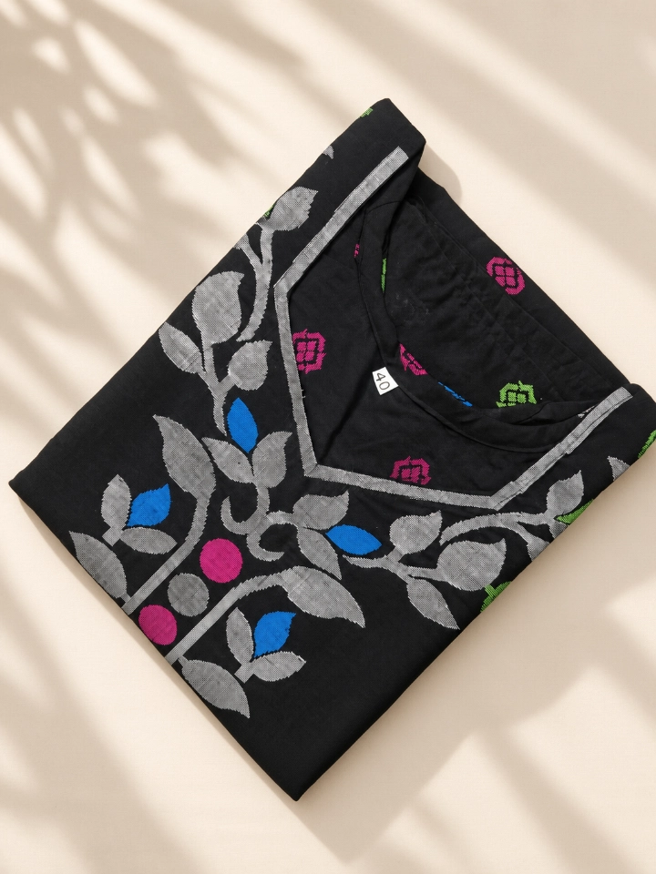 HLDESIGNS Black Straight Kurti with Multicolor Floral Embroidery