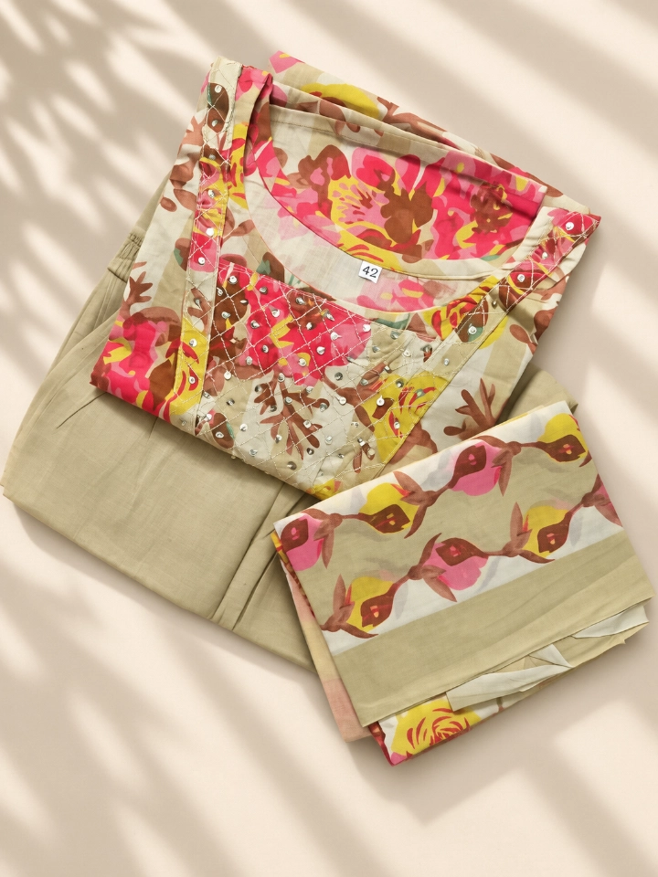Women's Beige Floral Print Straight-Cut Chudidar Top with 3/4 Sleeves