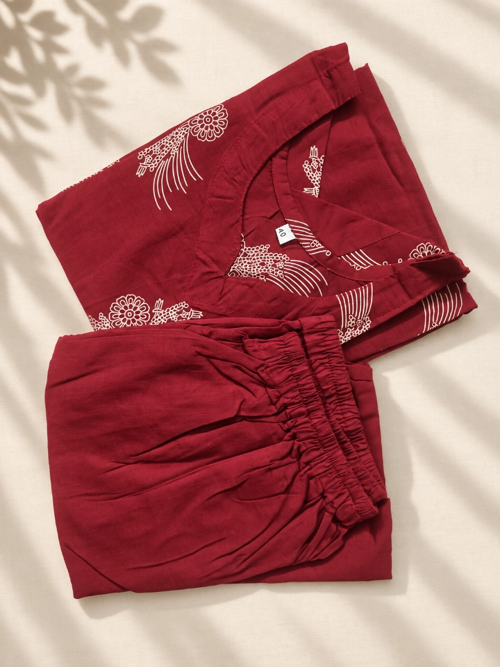 HLDESIGNS Women's Maroon Cotton Printed Top and Pants Set