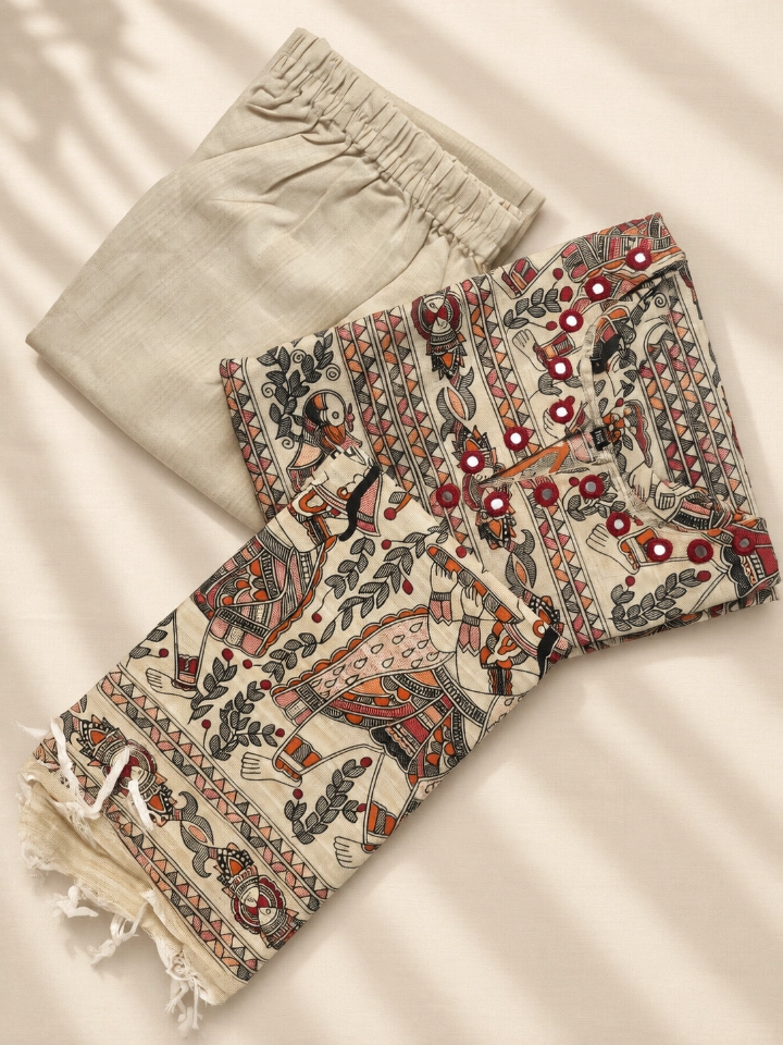 Women's Straight-Cut Chudidar with 3/4 Sleeves and Kalamkari Print