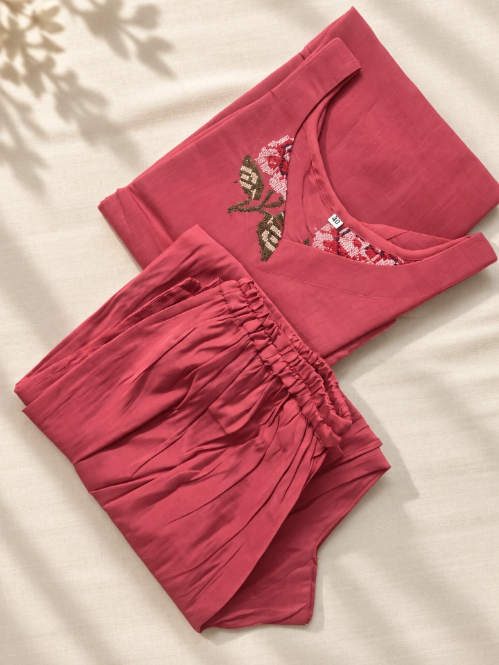 Elegant Pink Floral Embroidered Cotton Top and Palazzo Set for Women
