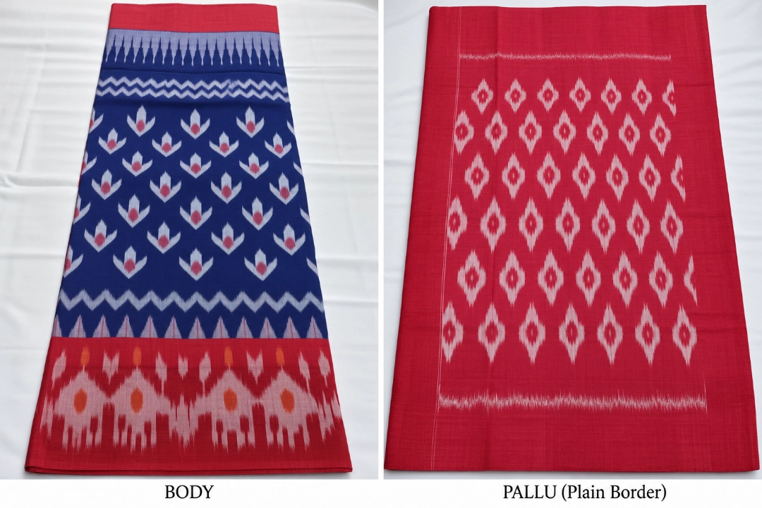 HLDESIGNS Blue and Red Cotton Saree with Ikat Pattern