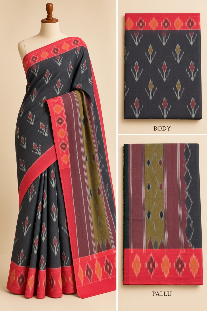 HLDESIGNS Charcoal Grey Cotton Saree with Red & Yellow Ikat & Striped Border