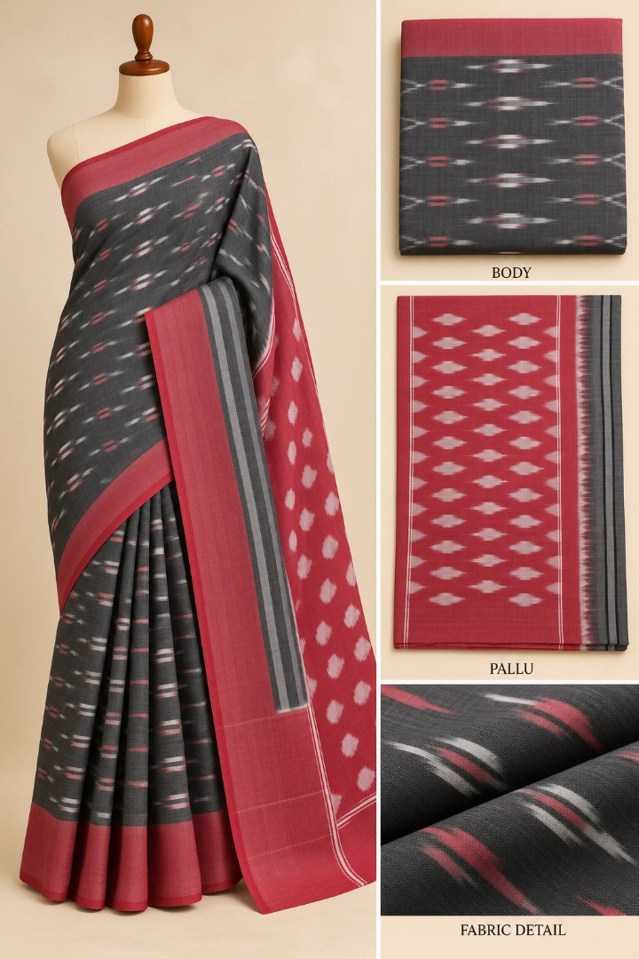 HLDESIGNS Elegant Dark Grey Cotton Saree with Red Border and Ikat Pattern