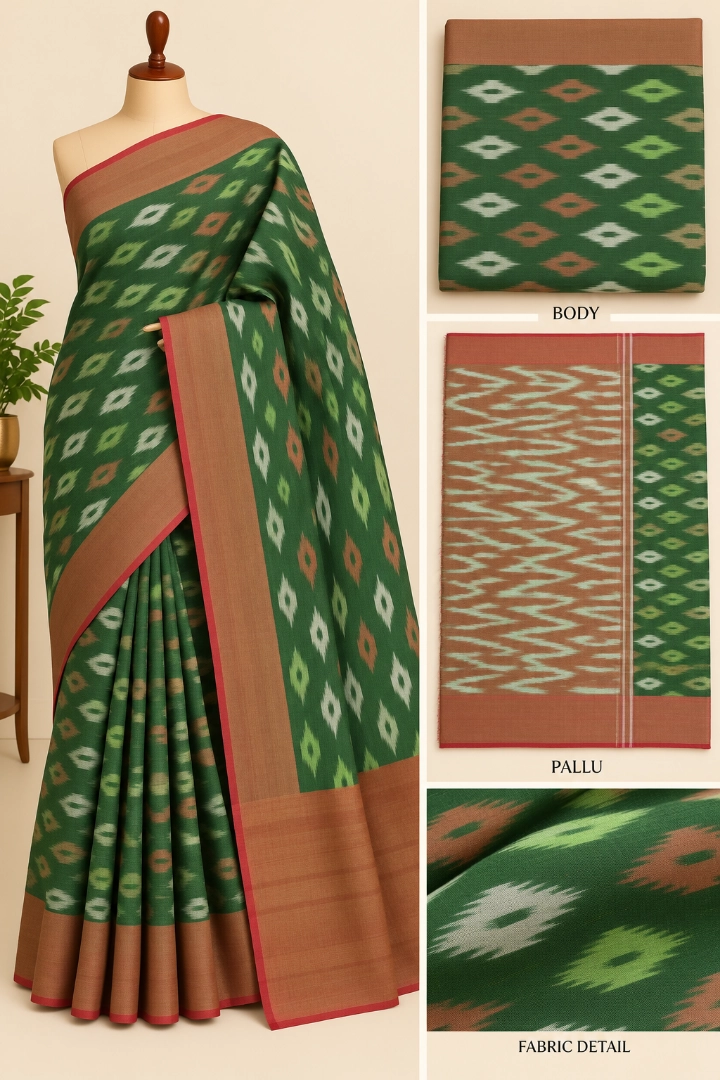 HLDESIGNS Green Cotton Saree with Diamond Ikat Pattern and Brown Border